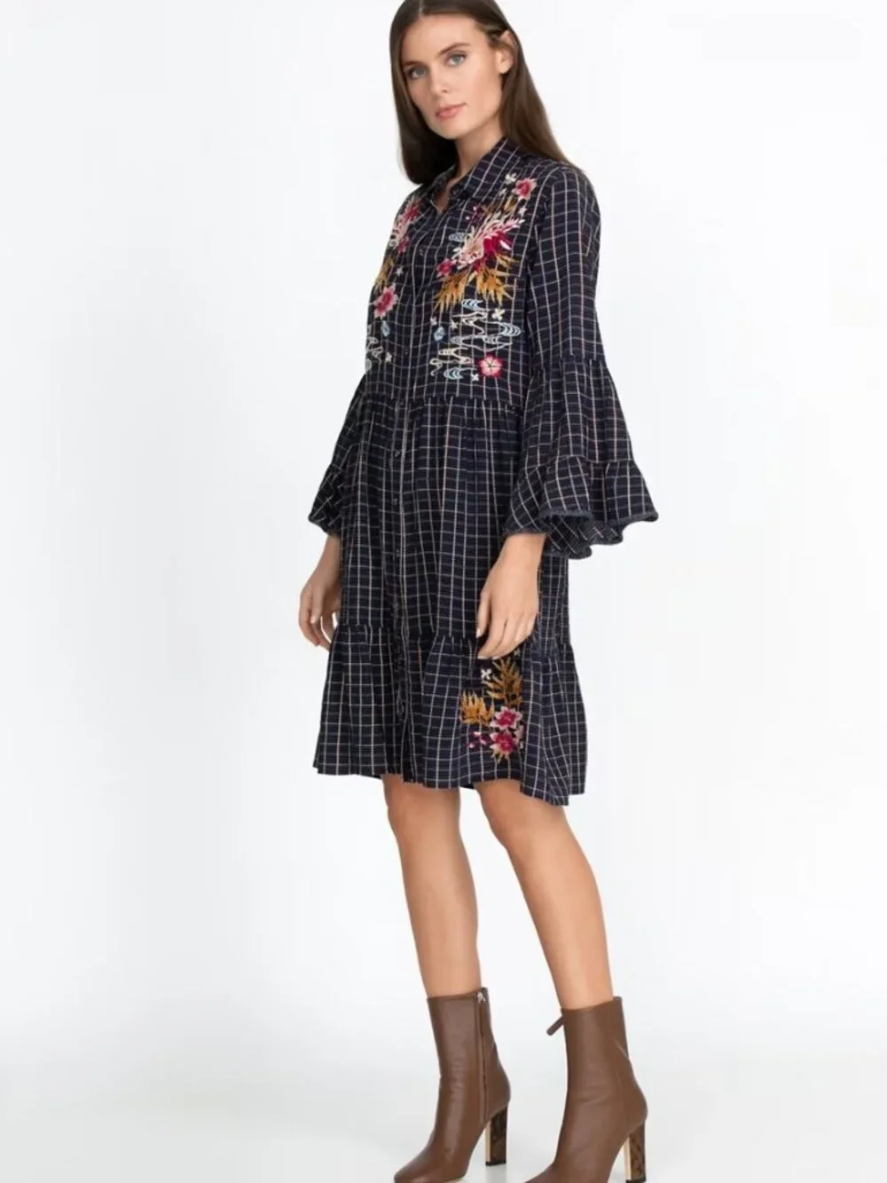Johnny Was Emiko Easy Tiered Dress, Navy Plaid XL - Picture 2 of 16